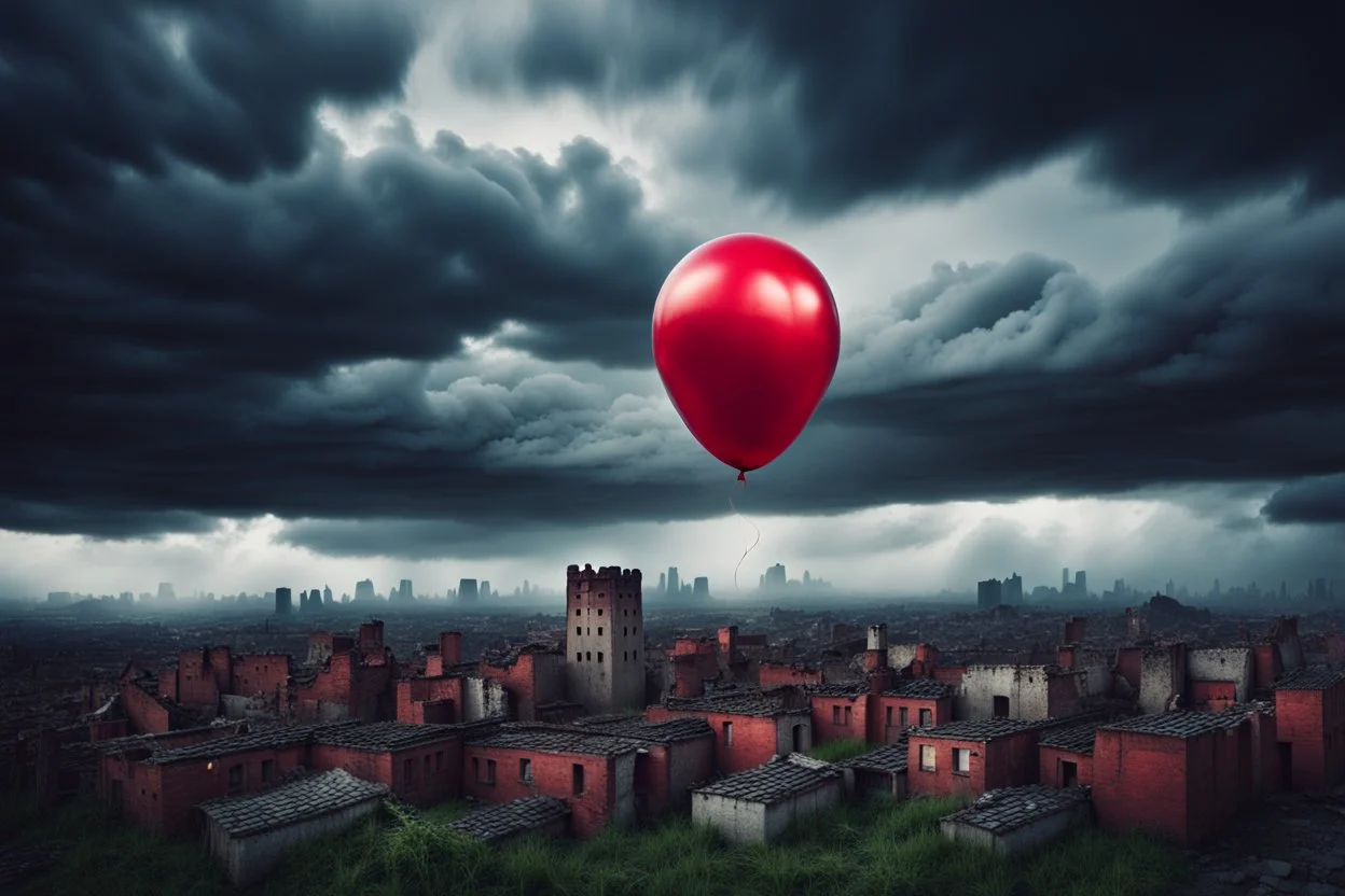 one red party balloon on sky, high realistic, storm, gloomy, surreal, little city, ruins, professional photo, cinematic, utopistic
