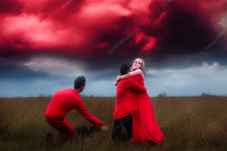 man holding dying woman on battlefield, red, dark, clouds, storm