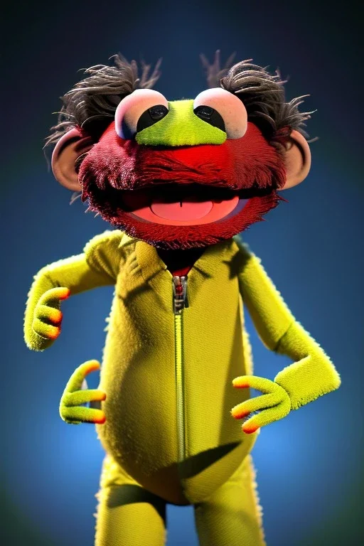 Waist up muppet Portrait, Nicolas maduro us muppet doll, Venezuelan president, tracksuit red blue and yellow, mustache, photo studio, red background, unreal engine 5, concept art, art station, ray tracing, lumen lighting, ultra detail, volumetric lighting, 3d.