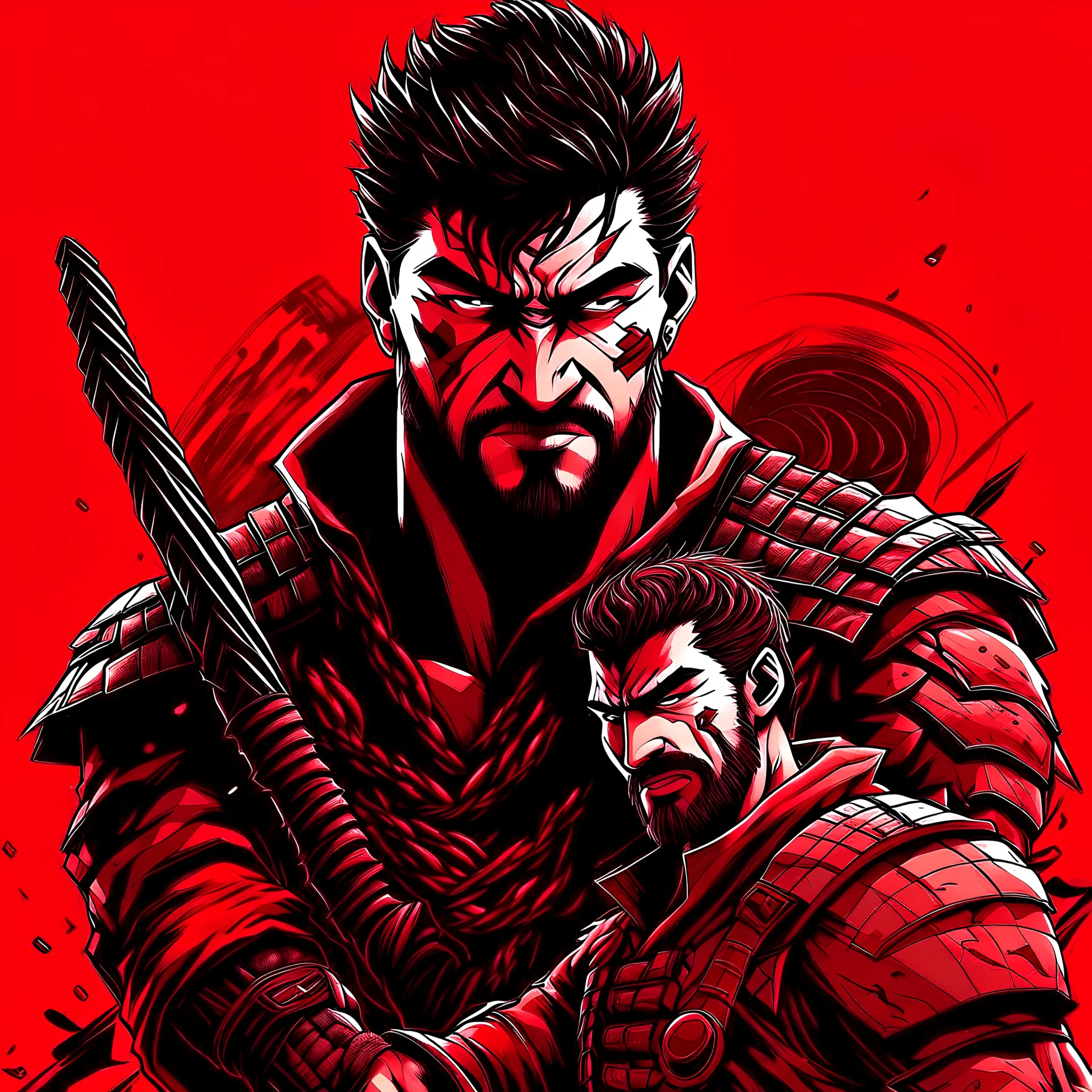 Berserk, Guts+Venom Snake, red background