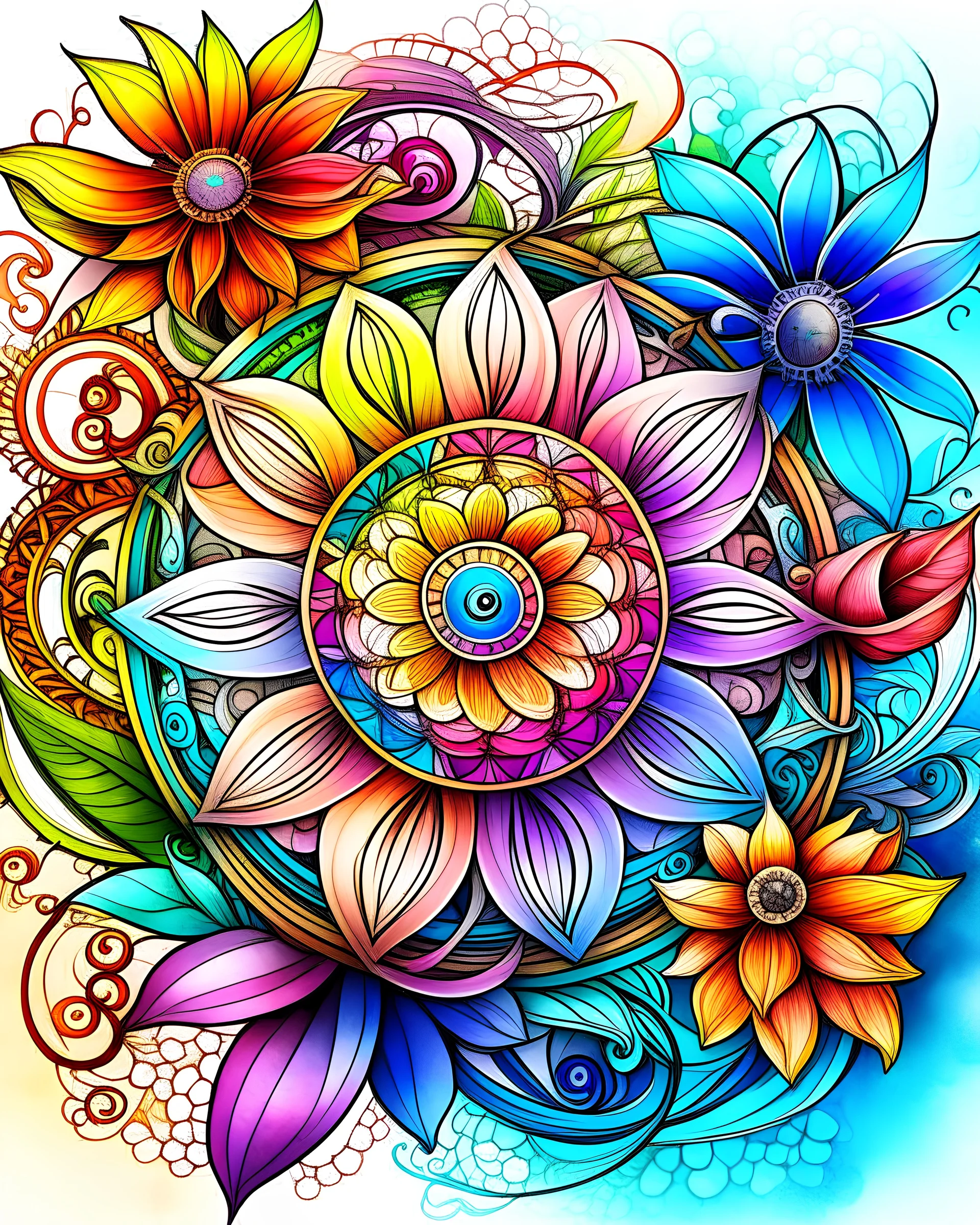 Steampunk Flower Mandala watercolor book cover for adults