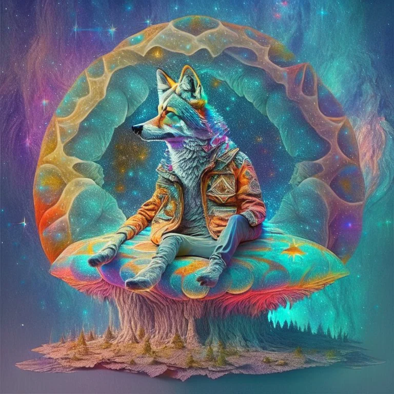 celestial psychedelic wolf made of fractals wearing a mexican jacket sitting on a giant mushroom in between stars, extatic, happy