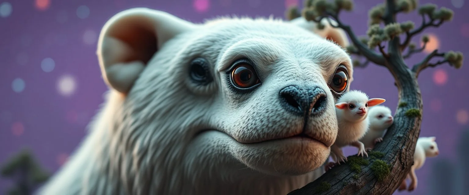 close up on member of trance mafia jazz giant polar alien sloth gremlin sheep flock climbing trees