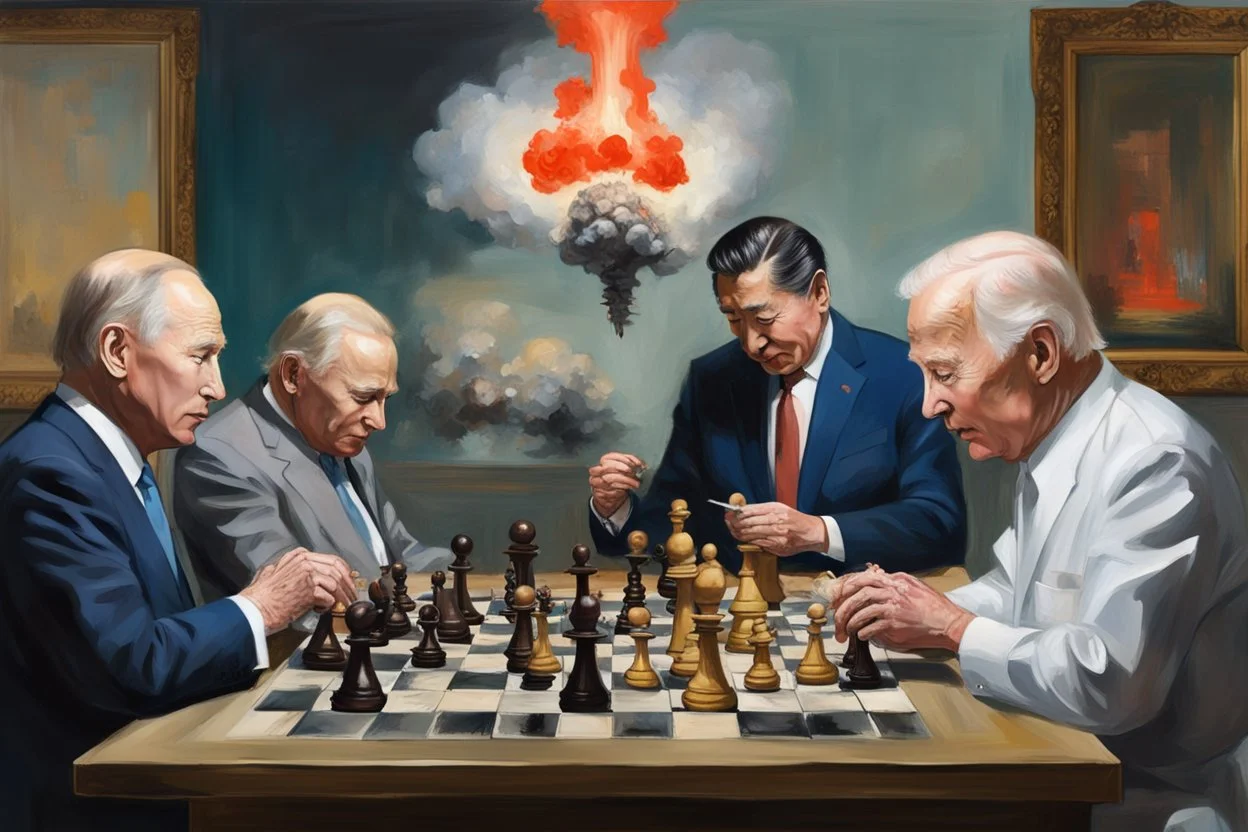 Putin, President Xi Of China And Joe Biden Play Chess With Atomic Bomb Mushroom Cloud,Complex Surgical Instruments Intermixed With A Newborn Boy,Minimalism,Painting By Adrian Ghenie,Rene Magritte,Pablo Picasso,Michelangelo,Salvador Dali,Lucian Freud