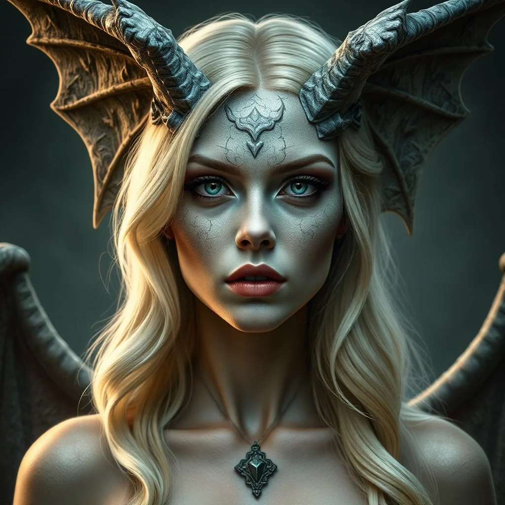 a portrait of an attractive blonde fantasy woman whose face is half human and half stone gargoyle