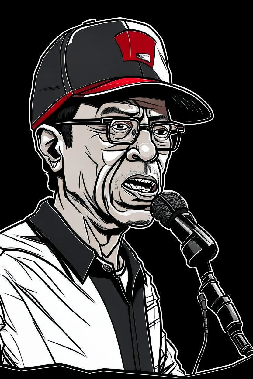 Ilustración vectorial de Gustavo Petro con gorra deportiva camisa, hablando con micrófono, colores negro, blanco y rojo, fondo negro