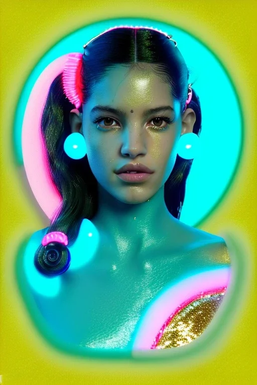 Rosalía artist, Realistic image, natural waist up portrait, perfect eyes, glow, circle iris, eye liner. pigtails hair, face, spray line make up, glow. lips, gold. big rings piercing, led ornament, pearls. coat, latex, inflatable, hot, led lights, minimal, neon, pink, blue, gold, vibrant color, highly detailed, art stations, concept art, smooth, unreal engine 5, god lights, ray tracing, RTX, lumen lighting, ultra detail, volumetric lighting, 3d, finely drawn, high definition, 4k.