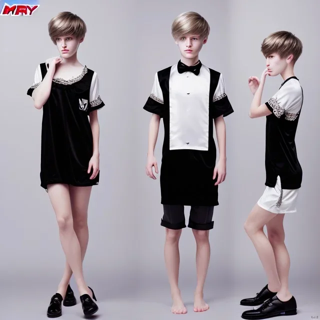 Russian short hair beautiful tomboy boyish boylike short man's haircut boyish features shortcut in black girlish nightgown in hotel wedding night