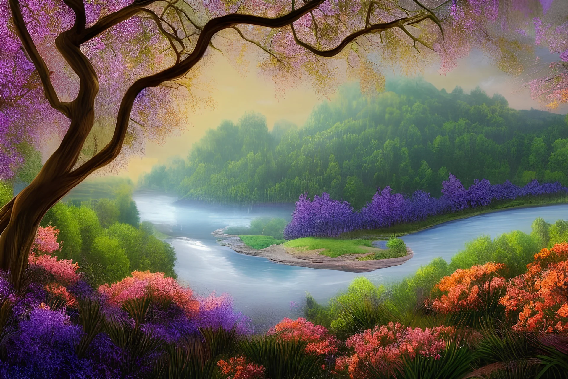 a beautiful scene of a forest in the distance with very purple trees and a shimmering blue river going down the forest the sky is an orangey pink, and lots of flowers on the river banks, very realistic details