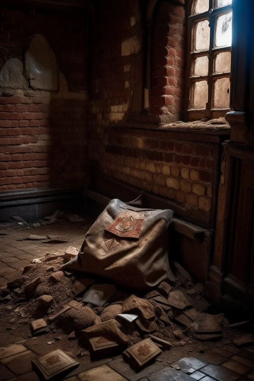 in a LARGE BASEMENT, half-buried in the earth, an ancient, worn-out, worn-out, torn-side valise peeks out, from which gold coins from the time of Catherine the Great fall out. The ancient coat of arms of Russia, the double-headed eagle, is BARELY VISIBLE on the bag. There are a lot of broken bricks and earth around the bag. All in high quality 8K