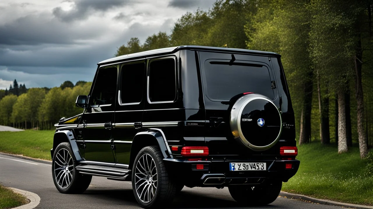 A sleek rear view of (((a cross of bmw and G-Wagon))), on street, with hill and trees around, a beautiful clouds and sunny weather, 4K, Superdetailed, No mistakes