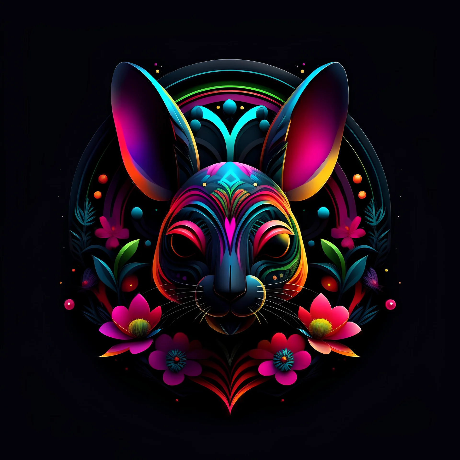 logo design, complex, trippy, bunchy, 3d lighting, 3d, kangaroo, realistic head, colorful, floral, flowers, cut out, modern, symmetrical, center, abstract, circular shape, black background, texture, high detail