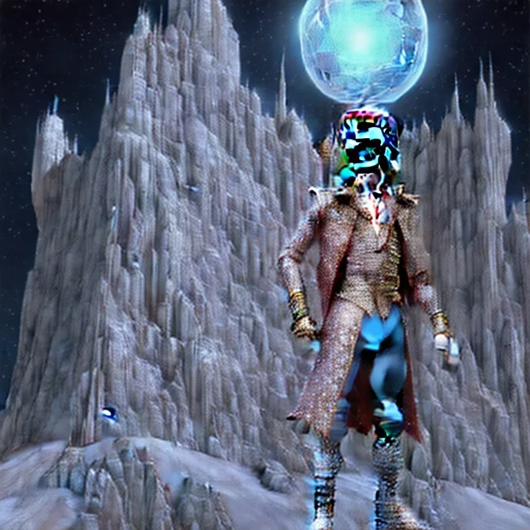 David bowie full body, white snow owl feathery fancy clothes, Jim Henson's The Labyrinth, Jareth the goblin king, crystal balls in hand, wearing spandex grey leggings, huge crotch bulge, labyrinth illusion, floating broken stairs in background, floating broken earth in background, anatomically correct, 8k hyper realistic, 80s ball room