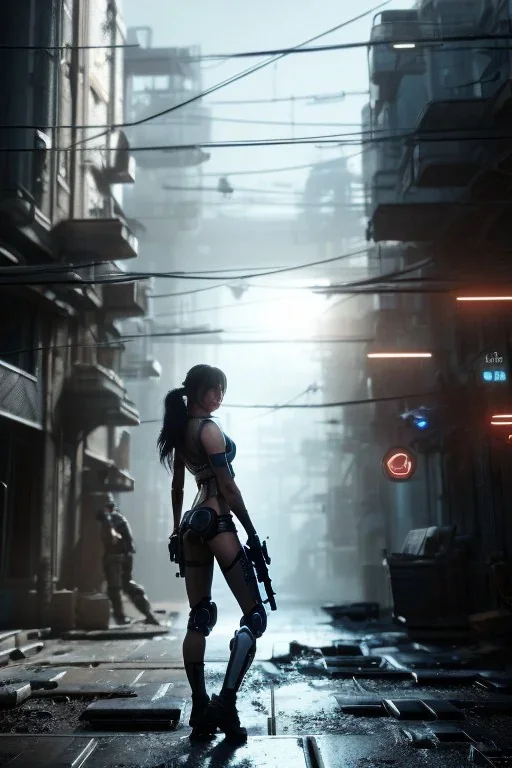 beautiful girl gun hold robot, post-apocalyptic in a cyberpunk city, realistic, intriacte detail, sci-fi fantasy style, volumetric lighting, particales,highly detailed,cinamatic, deep