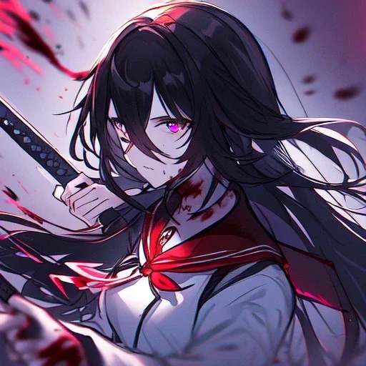 Clear focus, High resolution, rough line sketch art, long black hair, hair between eyes, fluffy hair, purple eyes, wearing a black and red sailor uniform, dark aura, mad, holding katana, bloody mess