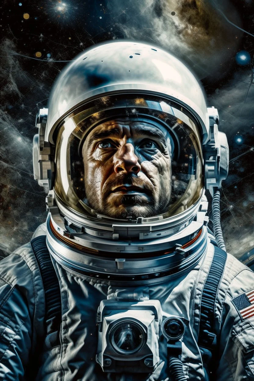 A movie poster of a is an astronaut from ground down level camera looking up camera view for the whole body in a oil painting style