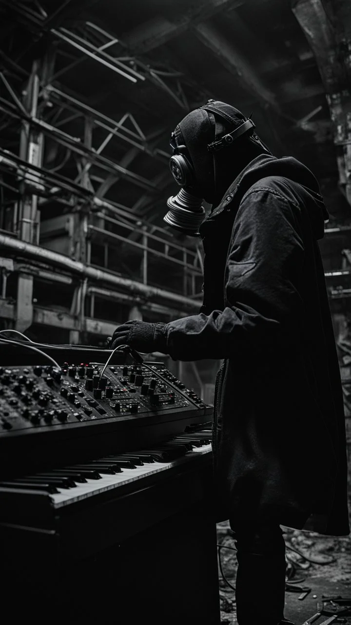 a person with a gas mask in an abandoned big massive factory, playing with a modular synth piano