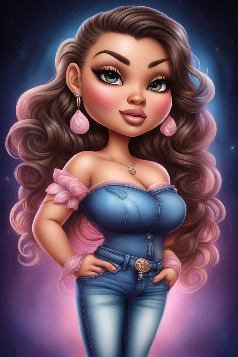 create an airbrush illustration of a chibi cartoon curvy polynesian female wearing Tight blue jeans and a light pink off the shoulder blouse. Prominent make up with long lashes and hazel eyes. She is wearing brown feather earrings. Highly detailed long black shiny wavy hair that's flowing to the side. Background of a night club.