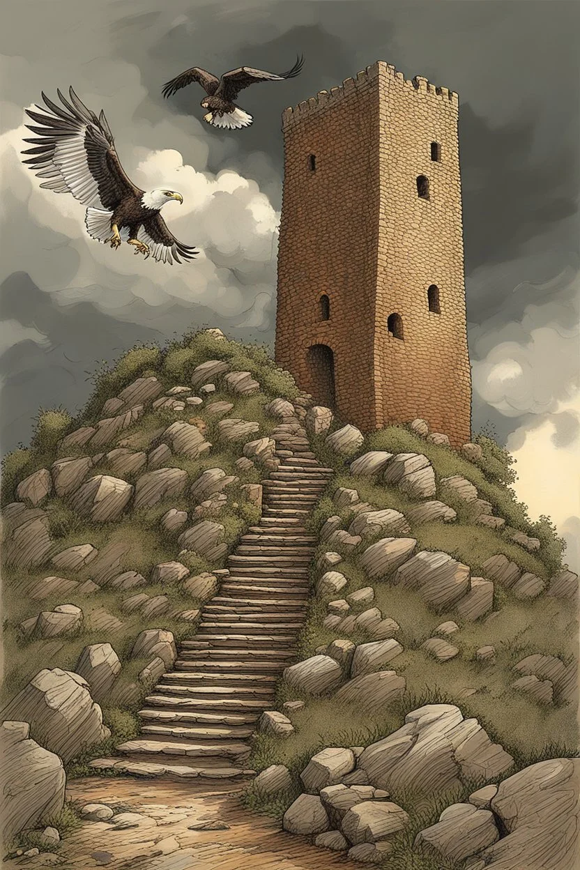 broken stairs leading up a steep hill to an old crumbling tower. Storm clouds. Eagles flying around the tower. By artist "Bluefooted",by artist "Peter Hurd"