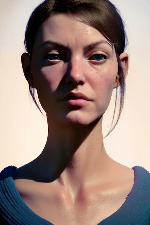 Realistic image, waist up portrait, sexy woman. Blue muppet head to woman head, concept art, smooth, unreal engine 5, god lights, ray tracing, RTX, lumen lighting, ultra detail, volumetric lighting, 3d, finely drawn, high definition, 4k.