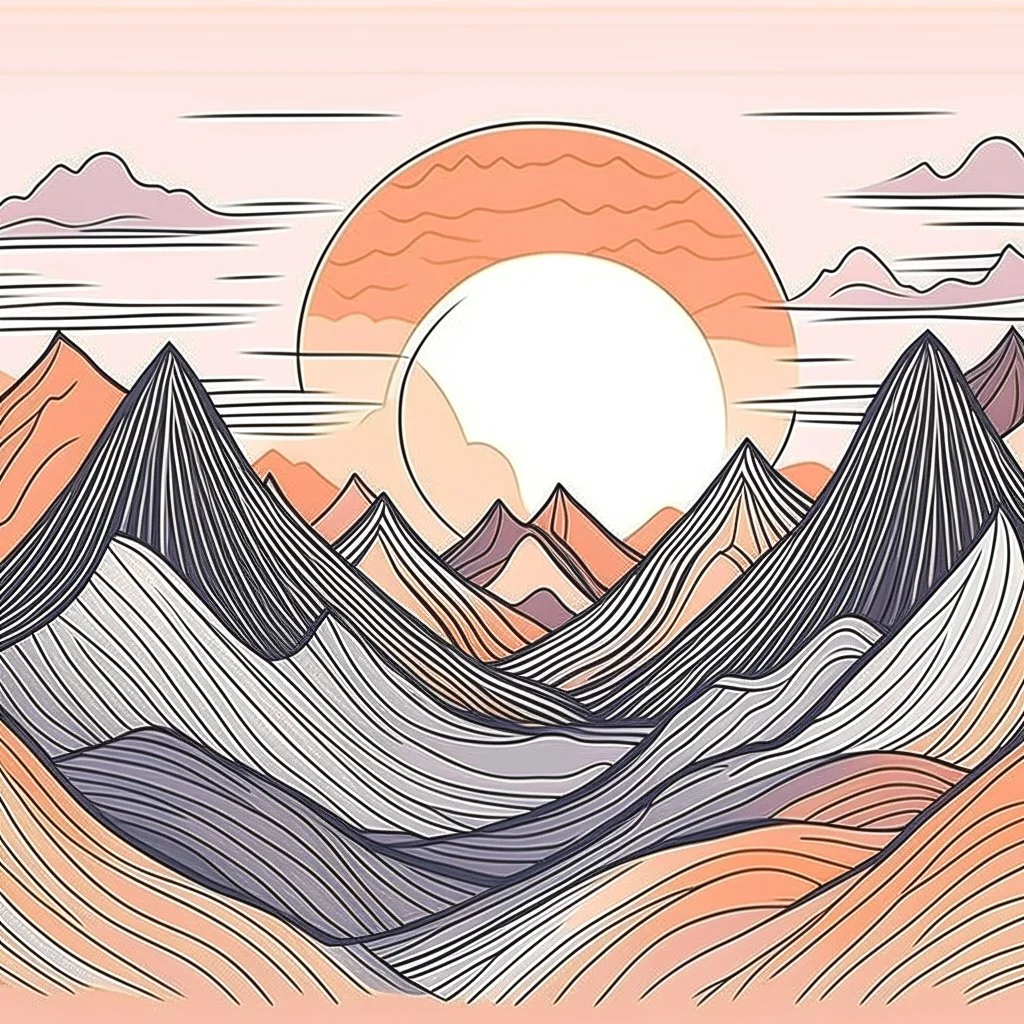 Line art illustration of a serene mountain range at sunrise, surrounded by minimal foliage, with a prominent sun rising behind the peaks, rendered in a simple bohemian style with bold black lines, subtle texture, and a muted color palette featuring soothing shades of orange, pink, and purple, set against a clean and minimalist background, with the sun's rays extending outward in gentle, curved lines, and the mountain's contours defined by delicate, hand-drawn strokes, evoking a sense of peaceful