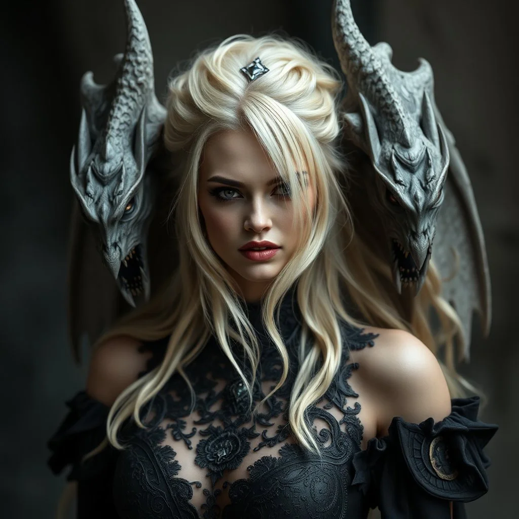 a blonde fantasy woman who is half human and half gargoyle, gothic, stylised