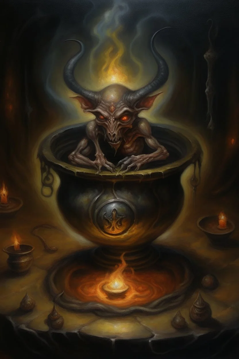 Living cauldron with shining sigil, slightly demonic alien imp gargoyle gremlin rat in it, prize winning oil painting