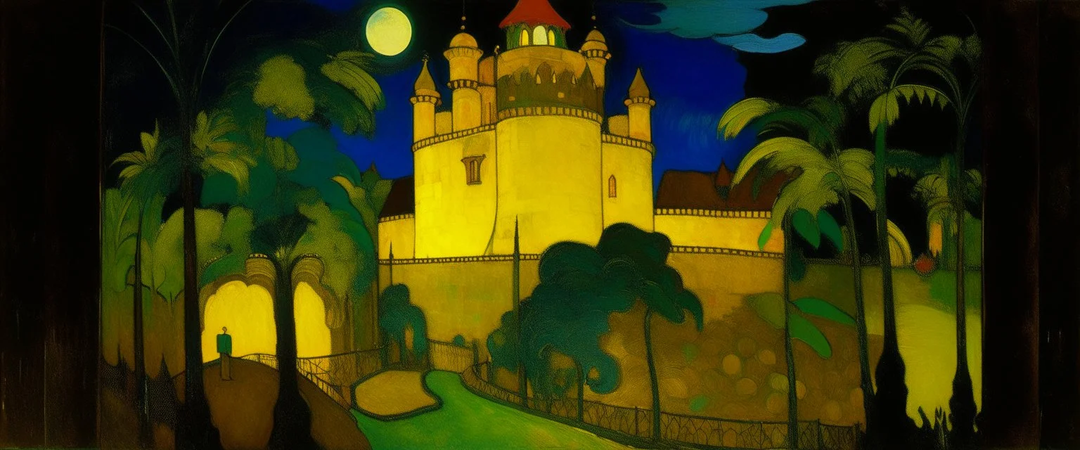 A yellow glowing light casino themed castle painted by Paul Gauguin