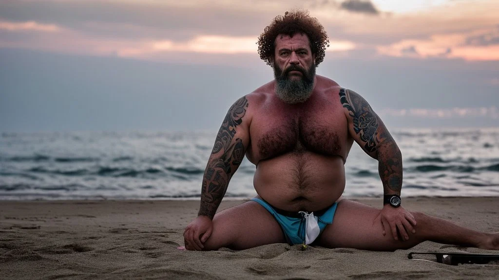 photography of a sicilian baywatcher burly sweat chubby 44 years old , swimwear, manly chest ,tattoo, curly hairs, long beard, sitting on a beach chairs at the beach at midnight , illuminated by bonfire, photorealistic, 8k, Canon EOS, 35mm lens, , unreal engine, greg rutkowski, loish, rhads, beeple, makoto shinkai and lois van baarle, ilya kuvshinov, rossdraws, tom bagshaw, alphonse mucha, global illumination, detailed and intricate environment