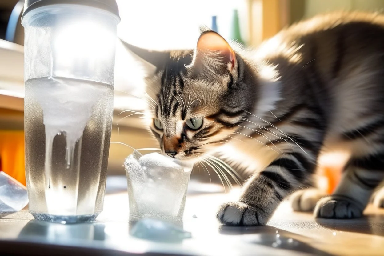 Cute tabby kitten sniffing ice water spilling from a thermos in a kitchen in the sunshine. Ice cubes and snowflakes.