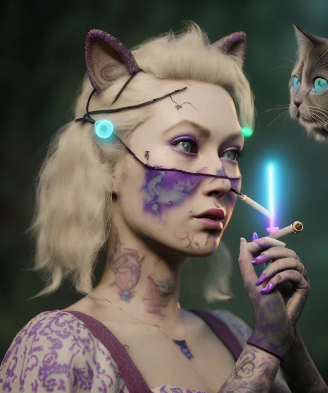 Ultra realistic photo, happy couple, blonde Alice woman and purple cat smoking a pipe + circus blue dress style + black headband with bow + old school body tattoo, smoke, marihuana garden, glow eyes, perfect iris, soft color, highly detailed, unreal engine 5, ray tracing, RTX, lumen lighting, ultra detail, volumetric lighting, high definition.