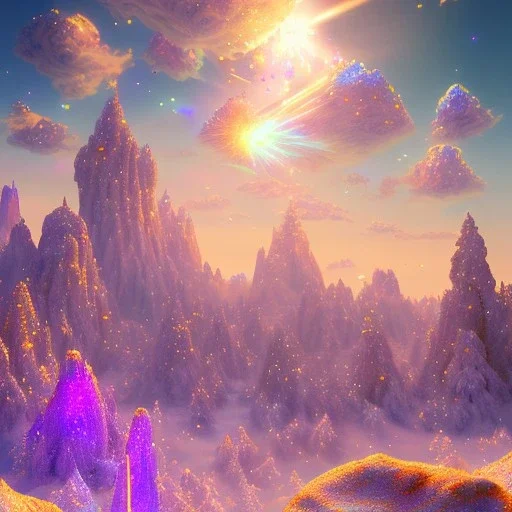 blue gold and violet landscape with multicolored crystals falling from the sky, full of details, smooth, bright sunshine，soft light atmosphere, light effect，vaporwave colorful, concept art, smooth, extremely sharp detail, finely tuned detail, ultra high definition, 8 k, unreal engine 5, ultra sharp focus