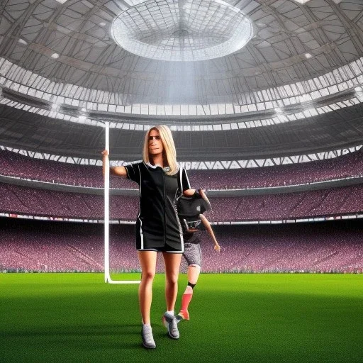 Jennifer Aniston in a referee jersey officiating for a soccer match at Wembley Stadium