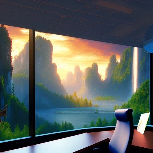 large desk, parquet, sheet of paper, little pen, office chair in front of a huge picture window with large view on a waterfall with warm light, sunset ,pixar style, panorama, nature, globe, HD, Hallelujah mountains, view first person