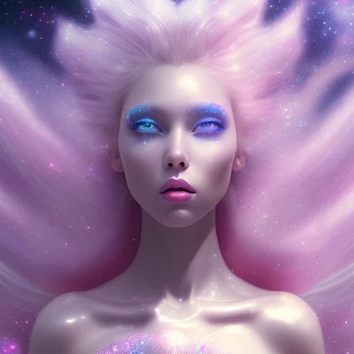 one big crystal glitter pink blue subtle galactic fairy in a galactic ambiance,glitter long blond hair down to the ground,transparent petals,blue eyes,delicate colors in the foreground, full of details, smooth，soft pink violet light atmosphere, light effect，vaporwave colorful, concept art, smooth, extremely sharp detail, finely tuned detail, ultra high definition, 8 k, unreal engine 5, ultra sharp focus