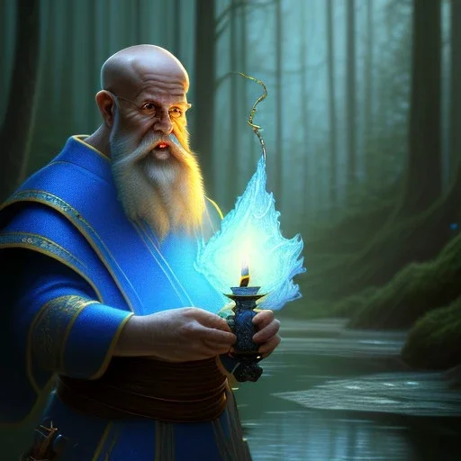 medium close up of blue robed water monk with long beard, candle light, torches, Dark fantasy concept art, dynamic lighting, Intricately detailed, Splash screen art, deep color, Unreal Engine, volumetric lighting, blue flowers, moss, leather, creek, flowing water, fantasy dark forest artwork,back light