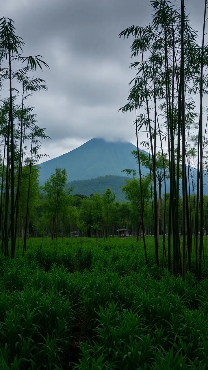 Field of bamboos trees in dim light , foggy, sad, cloudy, atmosphere, a a dark mountain on distance
