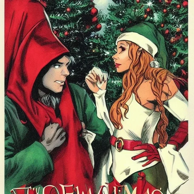 two elves. woman and man. Christmas scene. poster. marvel comic. low-key