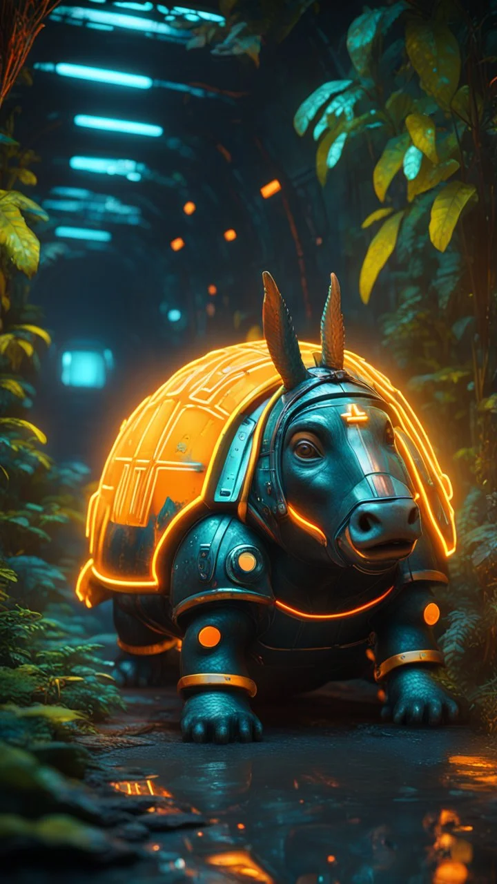 tron neon spray paint, magazine cover, metallic yellow orange donkey turtle chivalry knight with friendly cute face and hair locks in dark lit reflective wet jungle metallic hall dome hotel tunnel, in the style of fallout 4 game,bokeh like f/0.8, tilt-shift lens 8k, high detail, smooth render, down-light, unreal engine, prize winning