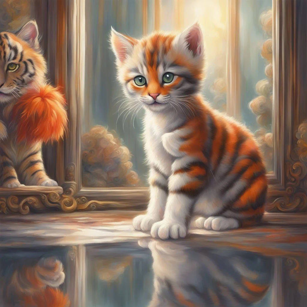 In a world full of fantasy, a little kitten stands in front of a mirror. In place of his own reflection, a majestic tiger appears. The little cat's eyes are wide in awe as she beholds the majesty of the tiger. The cat's left paw and the tiger's right paw appear to touch each other. Details like lush fur, bright orange stripes, and the tiger's intimidating gaze in the mirror create a sharp contrast to the kitten's delicate and innocent appearance Leica Q2 with Summilux 3 Photo