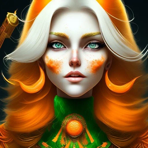 fantasy setting, woman, orange and white hair, wavy hair, freckles, ranger, more orange hair, more white hair, longer white hair, green eyes