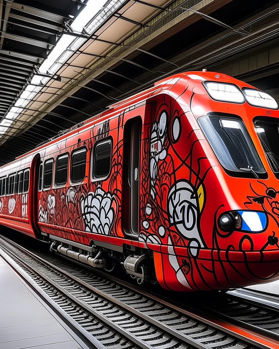 A light red fast train with flame decals painted by Jean Dubuffet