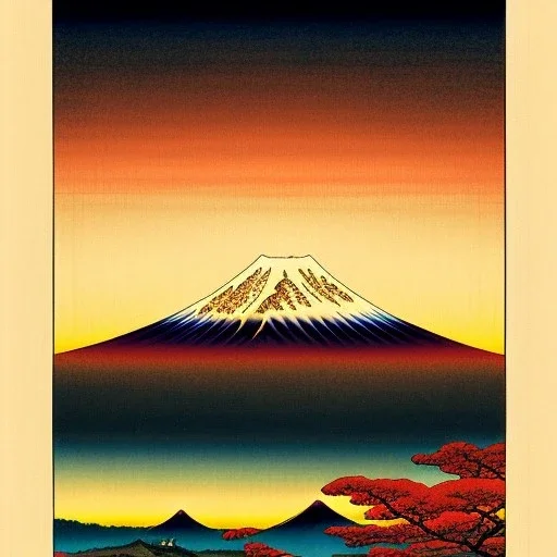 Ukiyo-e painting of a mount fuji at sunset
