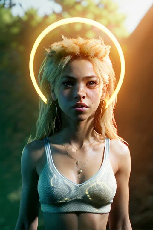 Shakira artist, Realistic image, waist up portrait, natural busty, perfect eyes, glow, circle iris. concept art, smooth, unreal engine 5, god lights, ray tracing, RTX, lumen lighting, ultra detail, volumetric lighting, 3d, finely drawn, high definition, 4k.