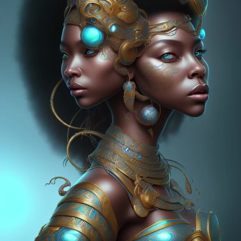 sango fantasy, fantasy magic, intricate, sharp focus, illustration, highly detailed, digital painting, concept art, matte, masterpiece head sexy view black African beauty black afro hair space lady turquoise snakeskin Indonisian princess facing forward