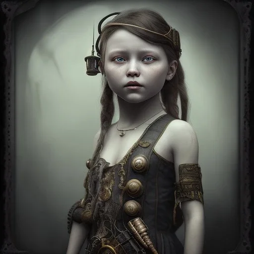 a little girl looking like a pirate with a tattoo in her face, steam punk, scary, horror, realistic, made in octane, cinematic, ultra-realistic, extremely detailed octane rendering, 8K, VRAY Super Real ar 2:3, dof photorealistic futuristic 50mm lens hard lighting dark gray tintype photograph, realistic lighting, sephia colors