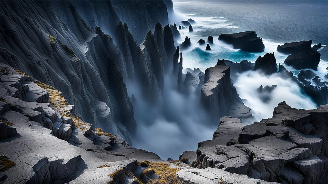 This mesmerizing ocean cliff scene captures the dramatic power and beauty of nature. Towering rugged cliffs stand majestically against the vast expanse of the ocean, where the water pours into a singular bottomless pit. The cliffs, with their sharp and jagged edges, create a stark contrast to the rough, flowing water, making the scene even more captivating. Sunlight pierces through the mist rising from the waterfalls, creating a magical, ethereal atmosphere