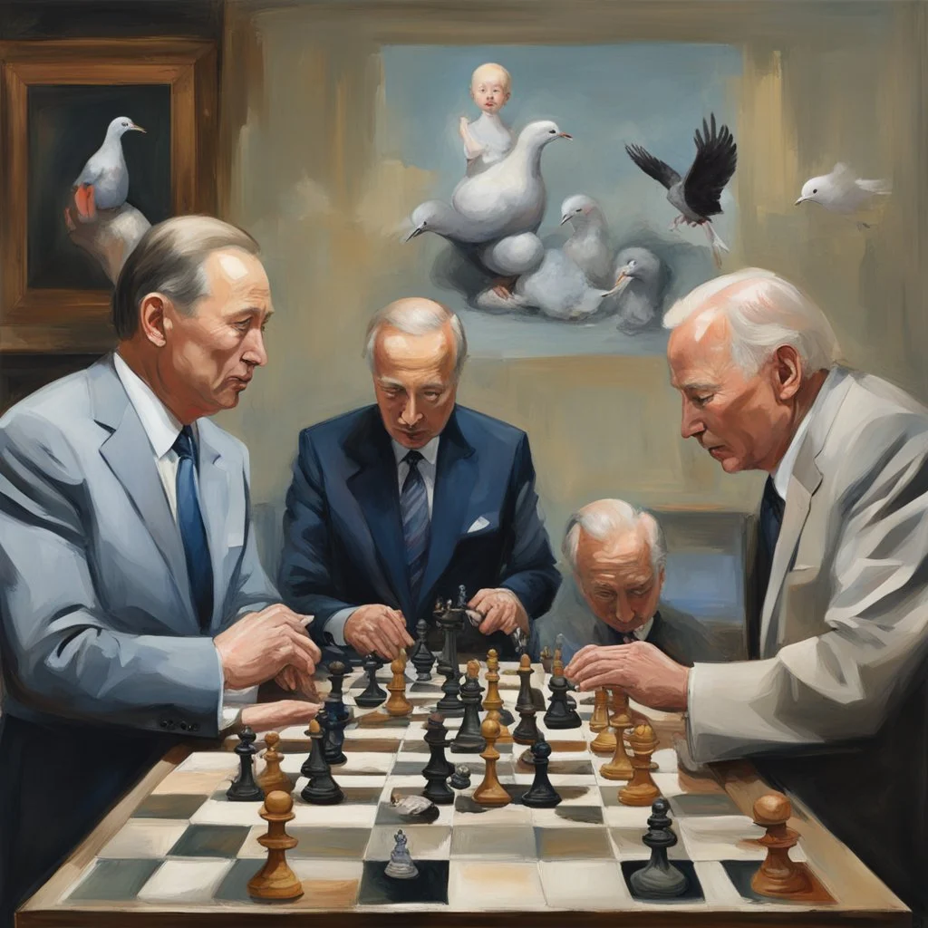 Putin, President Xi Of China And Joe Biden Play Chess With A Pigeon,Ufo And Atomic Bomb Mushroom Cloud,Complex Surgical Instruments, A Newborn Boy,Minimalist composition,Painting By Adrian Ghenie,Rene Magritte,Pablo Picasso,Michelangelo,Salvador Dali,Lucian Freud