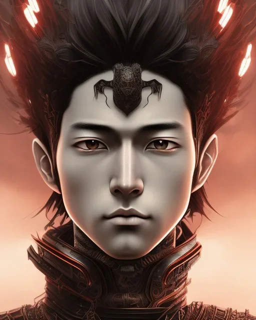 Detailed anime boy, dark brown hair, black and red dragon scale armour, intricate details, full body portrait, keep head in frame, slight smile, black Japanese motif, concept art, highly detailed, digital painting, concept art, sharp focus, illustration, art by Yoji Shinkawa, WLOP and greg rutkowski and alphonse mucha and artgerm and yanjun Chen and Junji ito and Makoto Shinkai, HDR, octane render