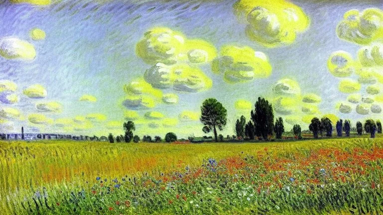 Sunny day, prairie, tree, flowers, alfred sisley painting